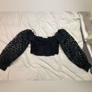 Zara Medium Black Crop Top with Sheer Leopard Balloon Sleeves